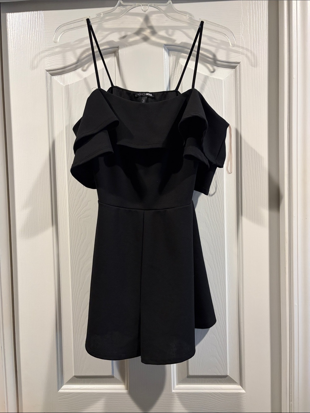 Fashion Nova Black Off shoulder spaghetti strap Ruffle Romper size M new